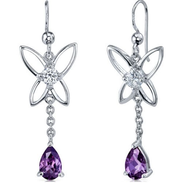 Image 1 of Alexandrite Pear Cut Cubic Zirconia Butterfly Sterling Silver Earrings