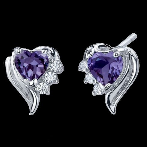 Image 0 of Alexandrite Heart Purple Cubic Zirconia Winged Sterling Silver Earrings 
