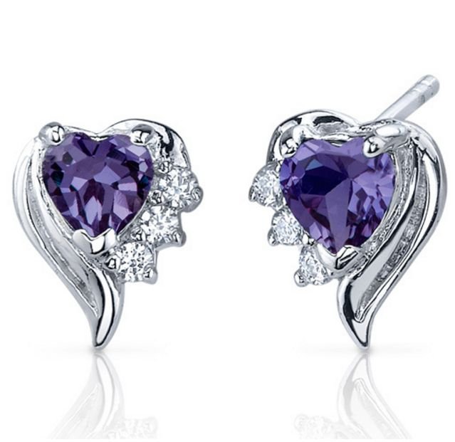 Image 1 of Alexandrite Heart Purple Cubic Zirconia Winged Sterling Silver Earrings 
