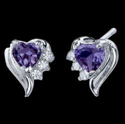 Alexandrite Heart Purple Cubic Zirconia Winged Sterling Silver Earrings 