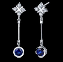 Blue Sapphire Round Cut Cubic Zirconia Cross Long Drop Sterling Silver Earrings
