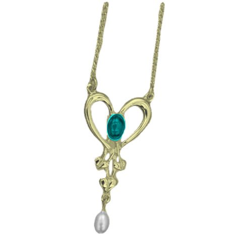 Image 1 of Art Nouveau Turquoise Heart Pearl 9K Yellow Gold Pendant