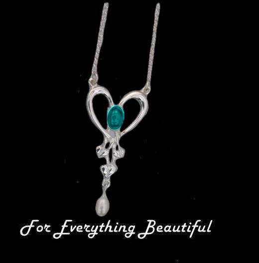 Image 0 of Art Nouveau Turquoise Heart Pearl Sterling Silver Pendant