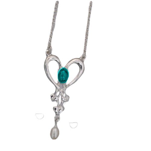 Image 1 of Art Nouveau Turquoise Heart Pearl Sterling Silver Pendant