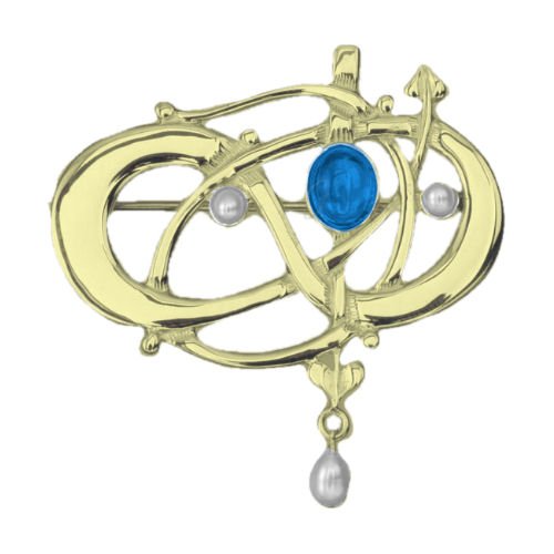 Image 1 of Art Nouveau Labradorite Pearl 9K Yellow Gold Brooch