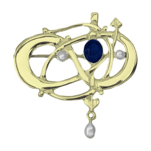 Image 1 of Art Nouveau Lapis Lazuli Pearl 9K Yellow Gold Brooch