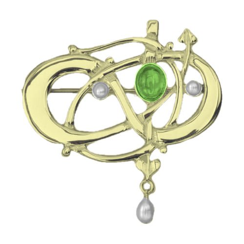 Image 1 of Art Nouveau Green Peridot Pearl 9K Yellow Gold Brooch