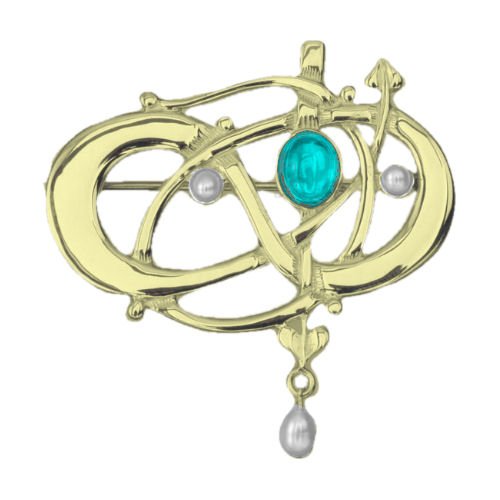 Image 1 of Art Nouveau Turquoise Pearl 9K Yellow Gold Brooch