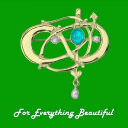 Art Nouveau Turquoise Pearl 9K Yellow Gold Brooch