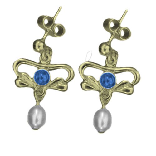 Image 1 of Art Nouveau Labradorite Pearl 9K Yellow Gold Drop Earrings