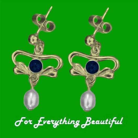 Image 0 of Art Nouveau Lapis Lazuli Pearl 9K Yellow Gold Drop Earrings