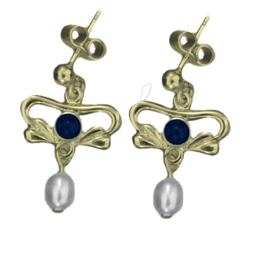 Image 1 of Art Nouveau Lapis Lazuli Pearl 9K Yellow Gold Drop Earrings