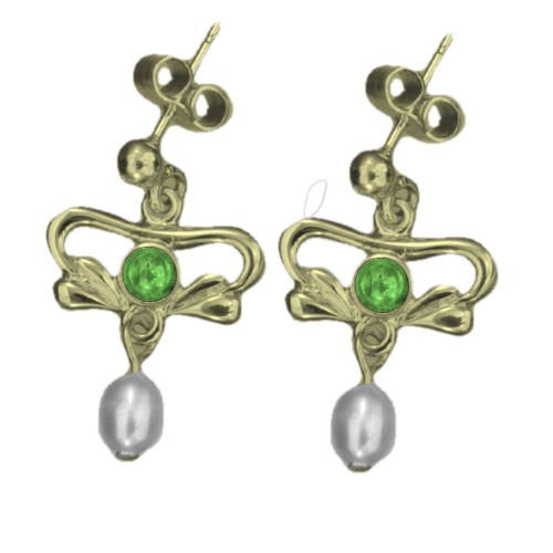 Image 1 of Art Nouveau Green Peridot Pearl 9K Yellow Gold Drop Earrings