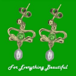 Art Nouveau Green Peridot Pearl 9K Yellow Gold Drop Earrings