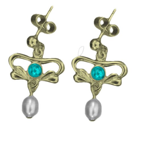 Image 1 of Art Nouveau Turquoise Pearl 9K Yellow Gold Drop Earrings