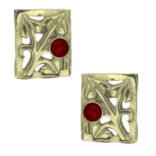Image 1 of Art Nouveau Leaf Garnet Square 9K Yellow Gold Earrings