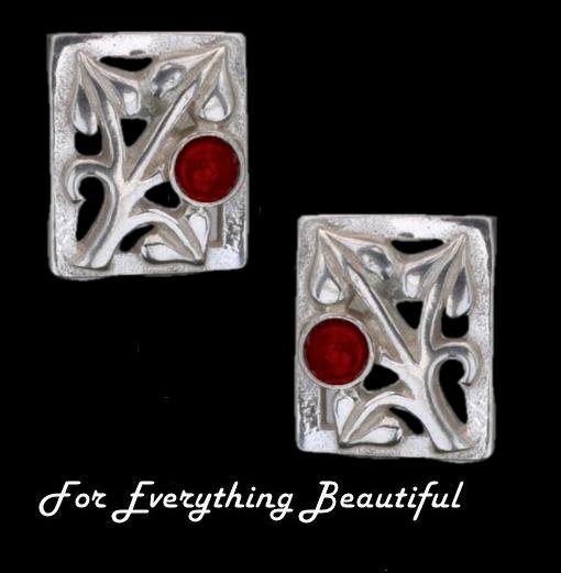 Image 0 of Art Nouveau Leaf Garnet Square Sterling Silver Earrings