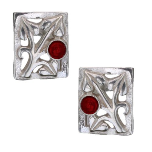 Image 1 of Art Nouveau Leaf Garnet Square Sterling Silver Earrings