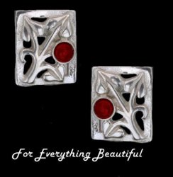 Art Nouveau Leaf Garnet Square Sterling Silver Earrings