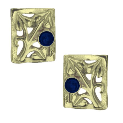 Image 1 of Art Nouveau Leaf Lapis Lazuli Square 9K Yellow Gold Earrings