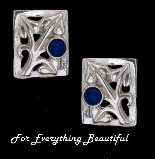 Image 0 of Art Nouveau Leaf Lapis Lazuli Square Sterling Silver Earrings