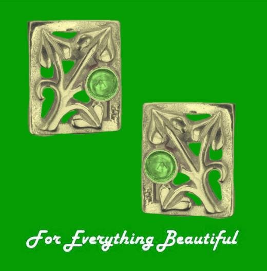 Image 0 of Art Nouveau Leaf Green Peridot Square 9K Yellow Gold Earrings