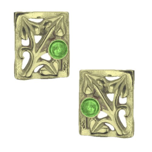 Image 1 of Art Nouveau Leaf Green Peridot Square 9K Yellow Gold Earrings