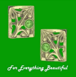 Art Nouveau Leaf Green Peridot Square 9K Yellow Gold Earrings