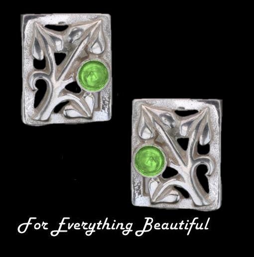 Image 0 of Art Nouveau Leaf Green Peridot Square Sterling Silver Earrings