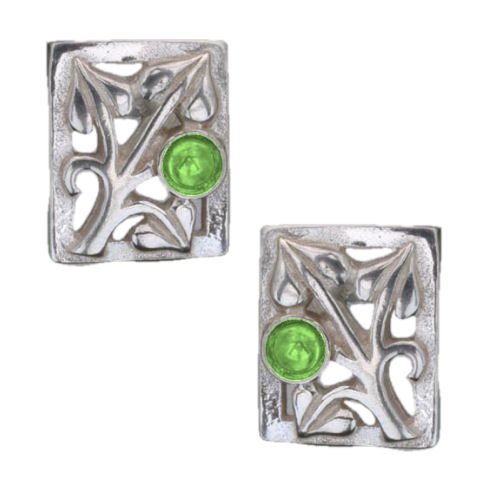 Image 1 of Art Nouveau Leaf Green Peridot Square Sterling Silver Earrings