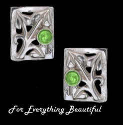 Art Nouveau Leaf Green Peridot Square Sterling Silver Earrings