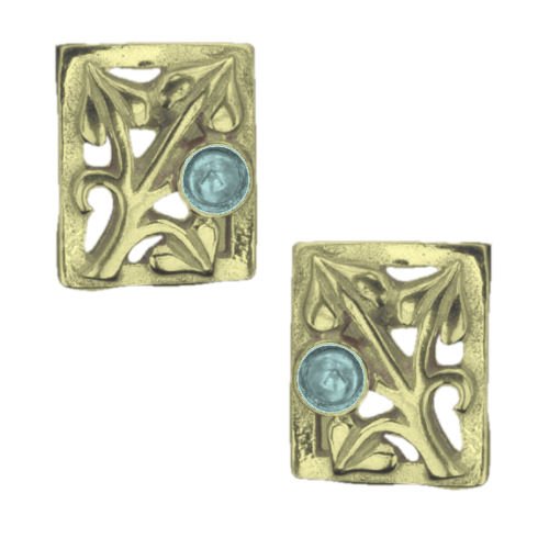 Image 1 of Art Nouveau Leaf Blue Moonstone Square 9K Yellow Gold Earrings