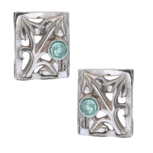 Image 1 of Art Nouveau Leaf Blue Moonstone Square Sterling Silver Earrings