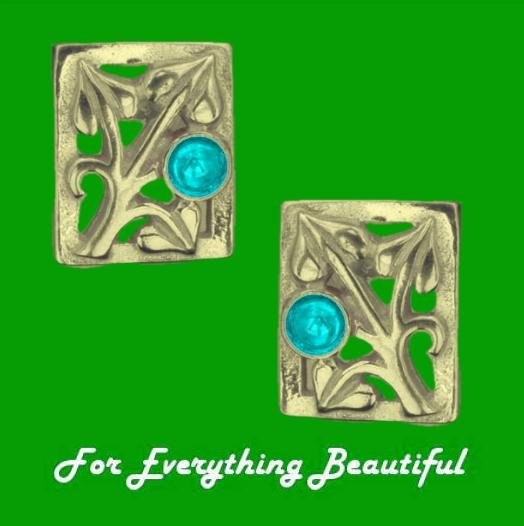 Image 0 of Art Nouveau Leaf Turquoise Square 9K Yellow Gold Earrings