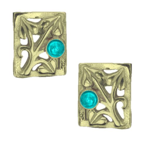 Image 1 of Art Nouveau Leaf Turquoise Square 9K Yellow Gold Earrings