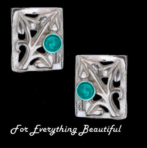 Image 0 of Art Nouveau Leaf Turquoise Square Sterling Silver Earrings