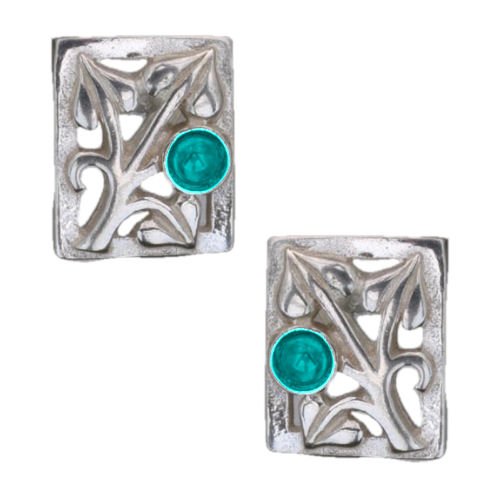 Image 1 of Art Nouveau Leaf Turquoise Square Sterling Silver Earrings