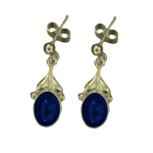 Image 1 of Art Nouveau Leaf Lapis Lazuli 9K Yellow Gold Drop Earrings