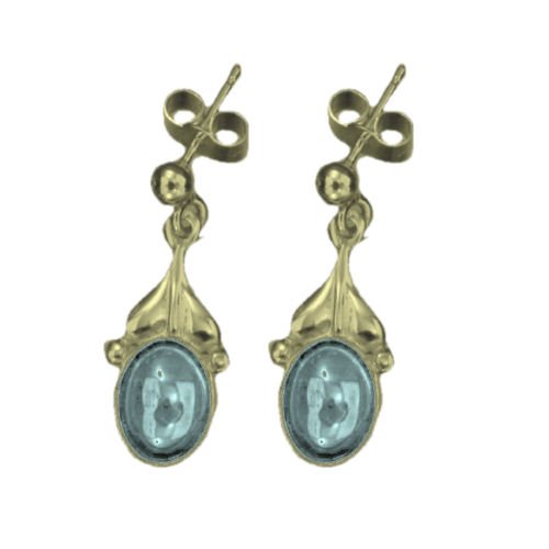 Image 1 of Art Nouveau Leaf Blue Moonstone 9K Yellow Gold Drop Earrings