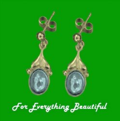 Art Nouveau Leaf Blue Moonstone 9K Yellow Gold Drop Earrings