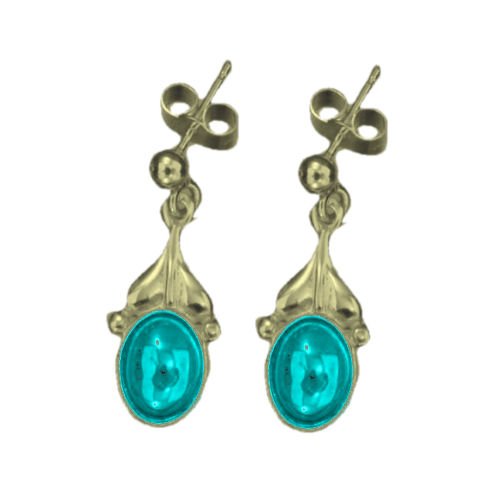 Image 1 of Art Nouveau Leaf Turquoise 9K Yellow Gold Drop Earrings