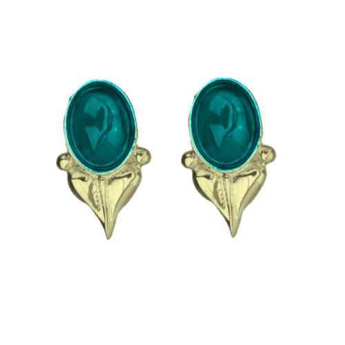 Image 1 of Art Nouveau Leaf Turquoise 9K Yellow Gold Stud Earrings