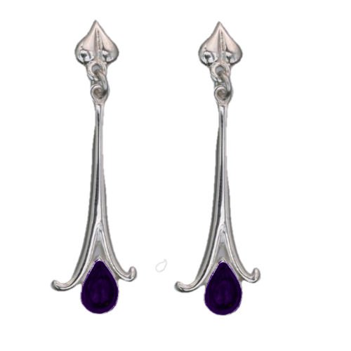 Image 1 of Art Nouveau Long Leaf Amethyst 9K White Gold Drop Earrings