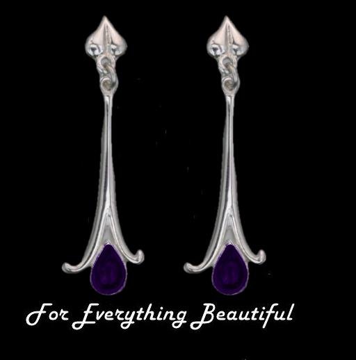 Image 0 of Art Nouveau Long Leaf Amethyst Sterling Silver Drop Earrings