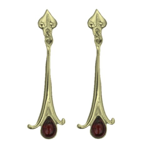 Image 1 of Art Nouveau Long Leaf Garnet 18K Yellow Gold Drop Earrings