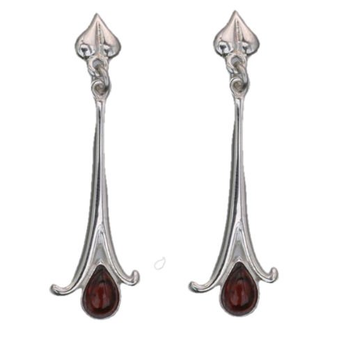 Image 1 of Art Nouveau Long Leaf Garnet 18K White Gold Drop Earrings