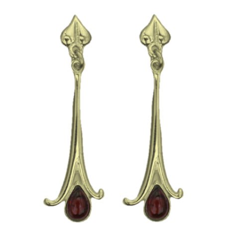 Image 1 of Art Nouveau Long Leaf Garnet 9K Yellow Gold Drop Earrings