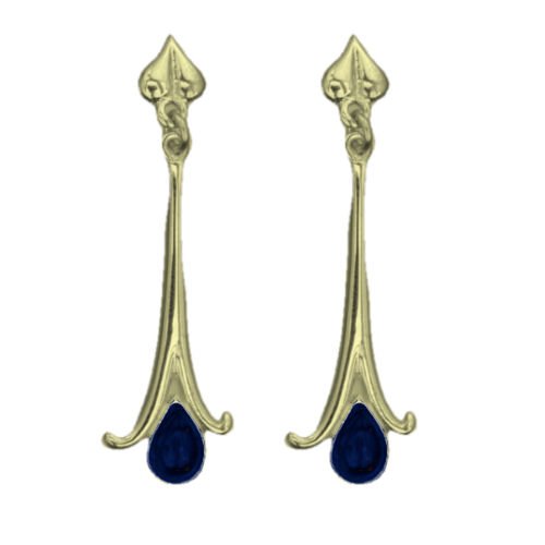 Image 1 of Art Nouveau Long Leaf Lapis Lazuli 18K Yellow Gold Earrings