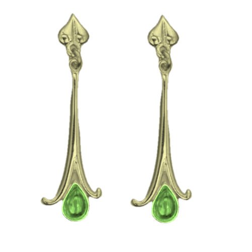 Image 1 of Art Nouveau Long Leaf Green Peridot 18K Yellow Gold Earrings