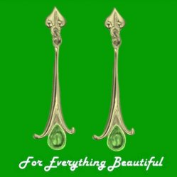 Art Nouveau Long Leaf Green Peridot 18K Yellow Gold Earrings